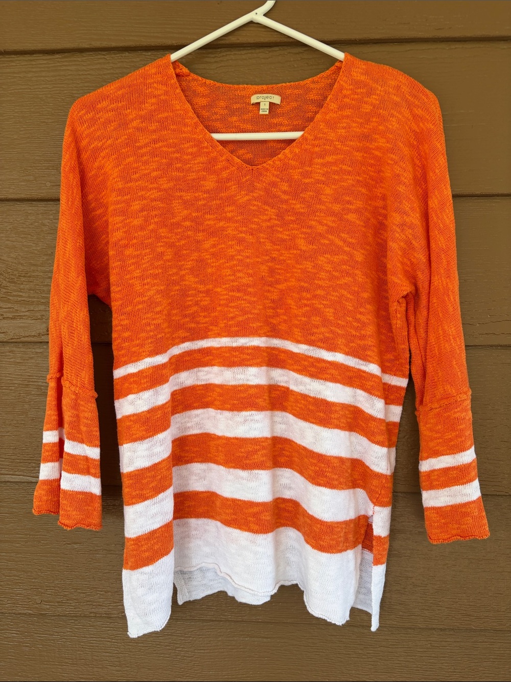 Project Social T Cotton/Linen Blend Orange and White Striped V-Neck Sweater -Sz1